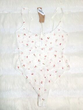 SKIMS Stretch Lace Thong Bodysuit Ivory Cherry Print Women Small NEW